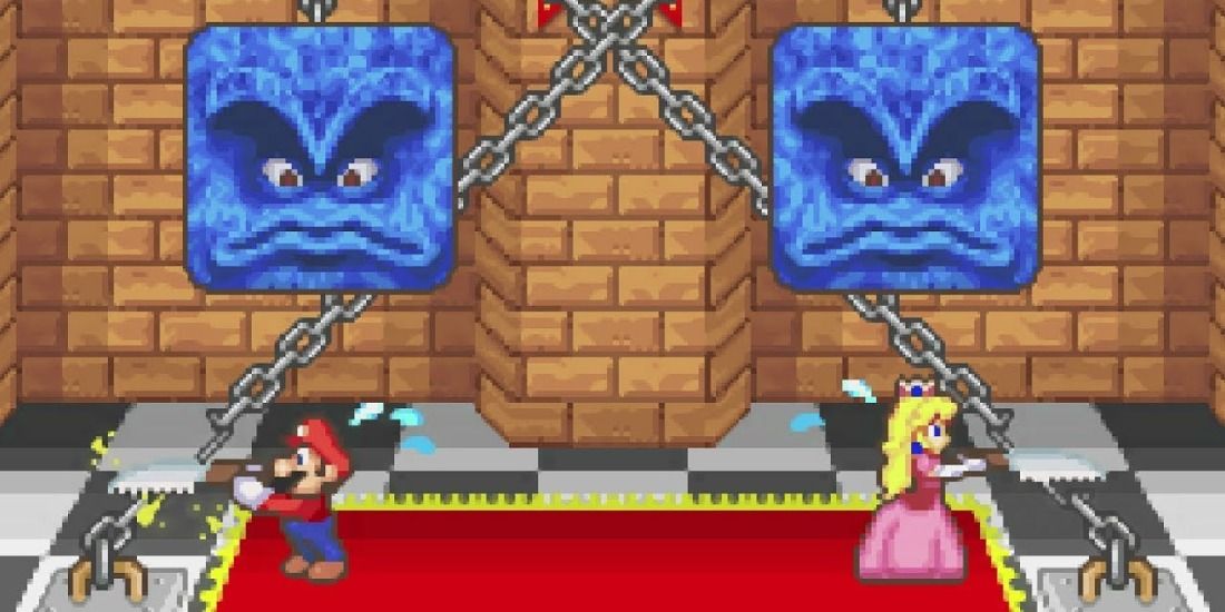 Peach and Mario play a morbid minigame with Whomps in Mario Party Advance