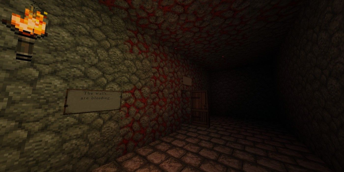 Minecraft Into the Depths horror map kar dungeon blood on the walls sign