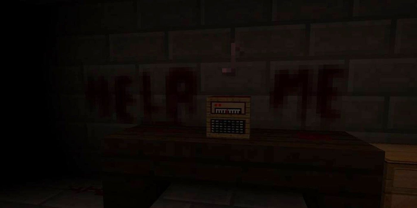 Minecraft horror map The Coma help me message with chest in dark room