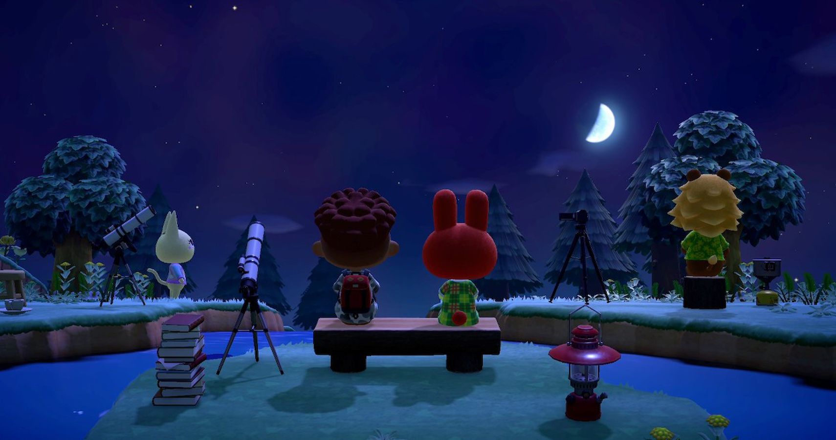 An island dweller sat with a villager watching the sky at night.