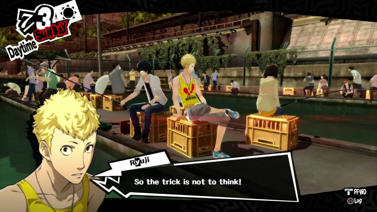 ryuji and joker at the fishing pond with kawakami in the background in persona 5 royal