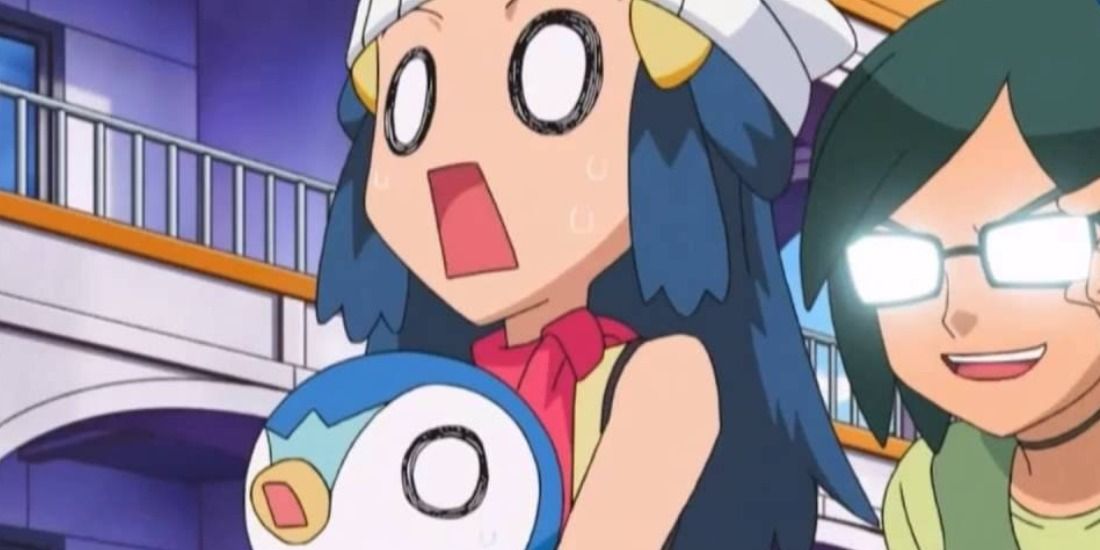 Dawn and Piplup being startled by Conrad in the Pokemon Anime