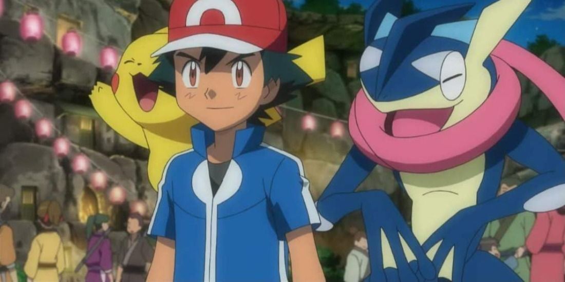 Ash standing by a Greninja in the Pokemon Anime