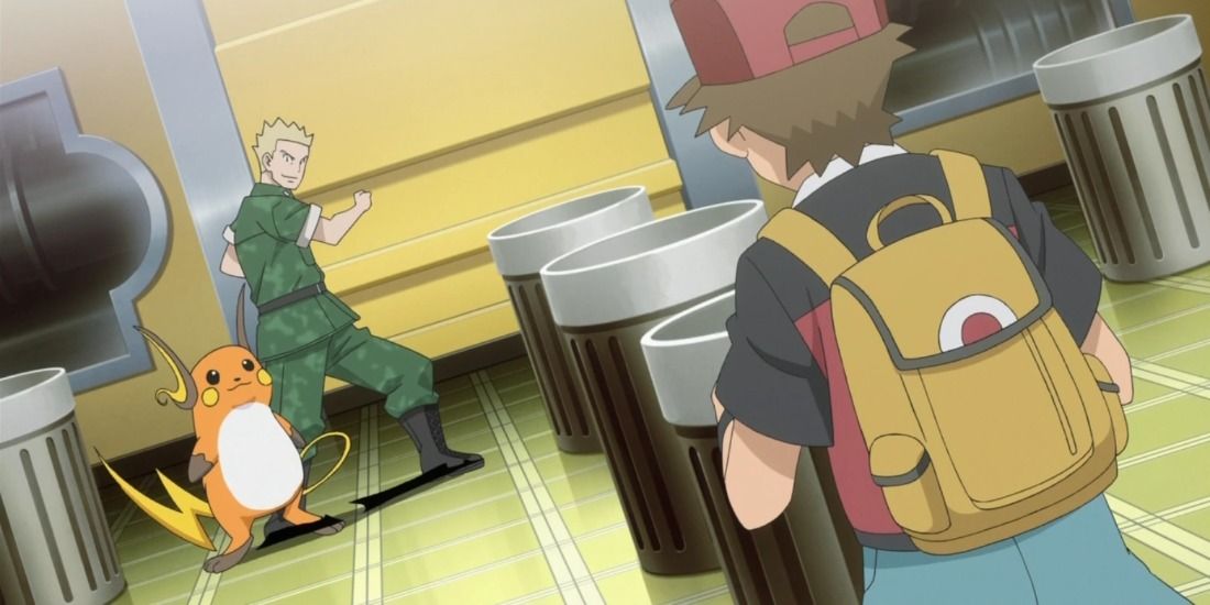 Red facing down Lt. Surge and his Raichu in the Pokemon Anime
