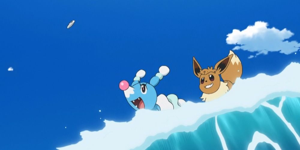 Brionne and Eevee ride a Surf wave in the Pokemon anime.