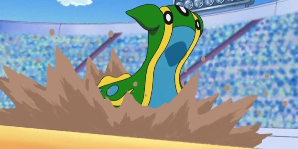 Gastrodon rides a Muddy Water wave in the Pokemon anime.