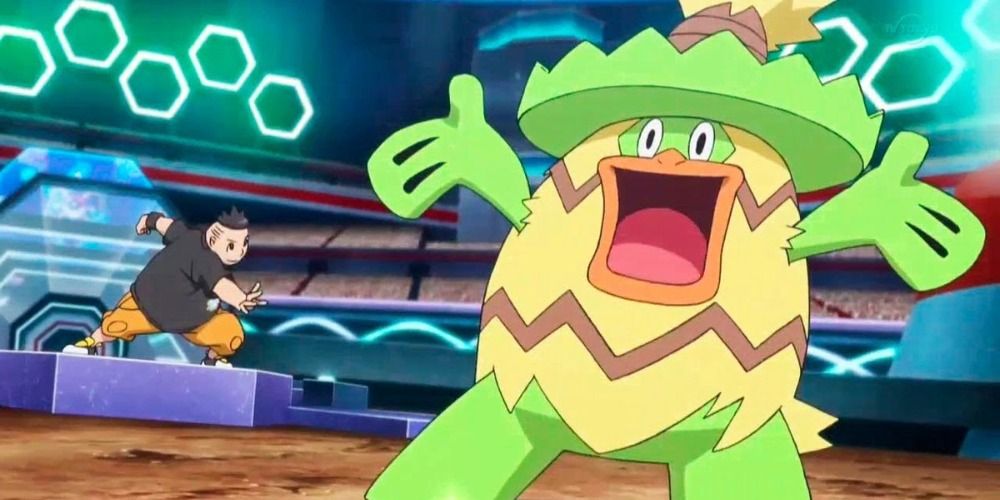 Tierno using a cheerful Ludicolo in the Kalos Championship of the Pokemon anime