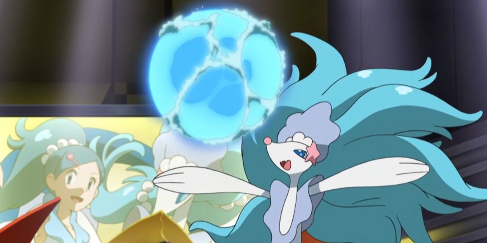 Primarina charges its Sparkling Aria attack in the Pokemon Anime.