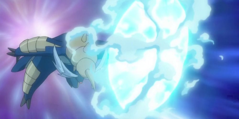 Samurott launches a powerful Hydro Cannon attack in the Pokemon anime.