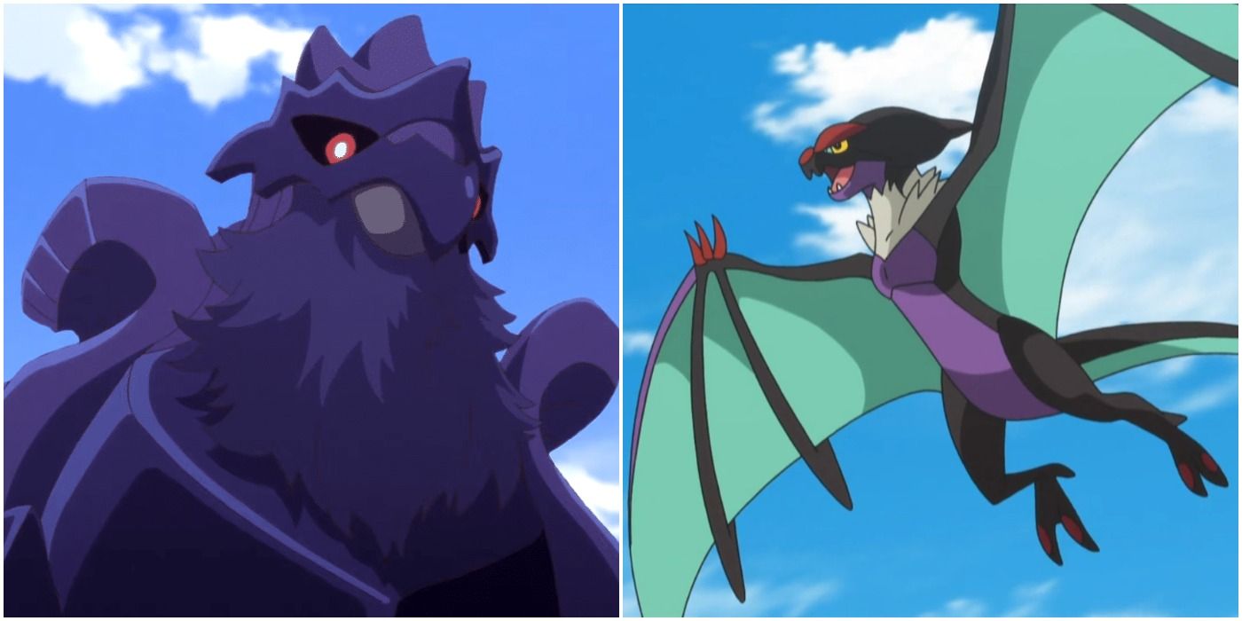 Two Flying-types from Pokemon Sword & Shield, Corviknight and Noivern, as they appear in the Pokemon anime