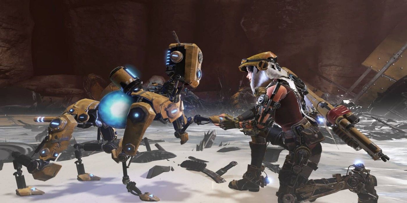 Main character of Recore, holding their robot friends' hand.