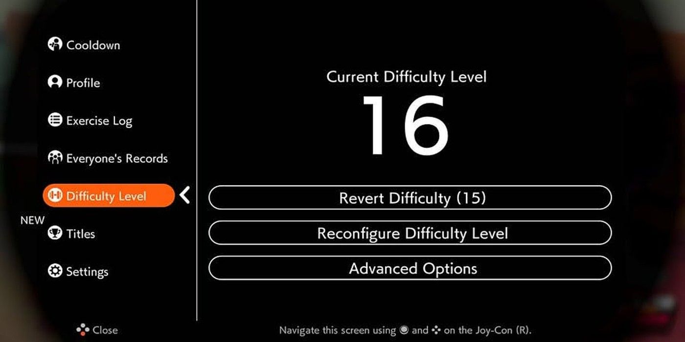 Ring Fit Adventure Difficulty menu set at 16