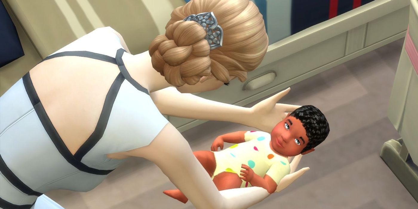 a sim holding a baby