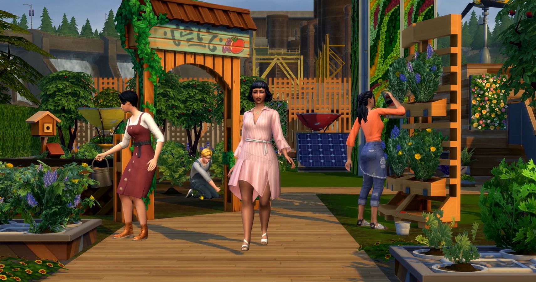 A sim looking sassy as she walks through a community garden.