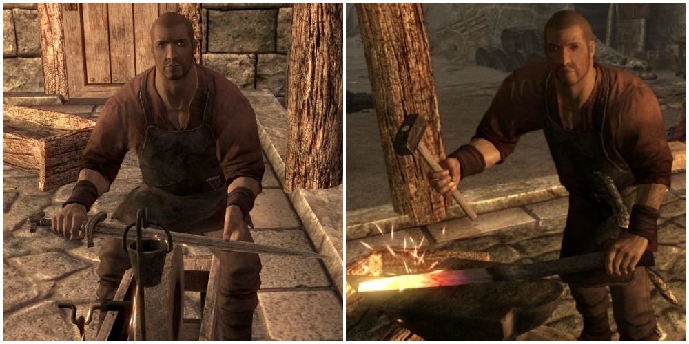 Skyrim Glover Mallory working at a forge