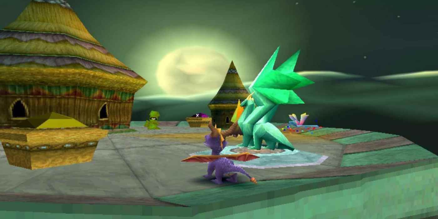 Spyro the Dragon on the PS1 facing a full moon