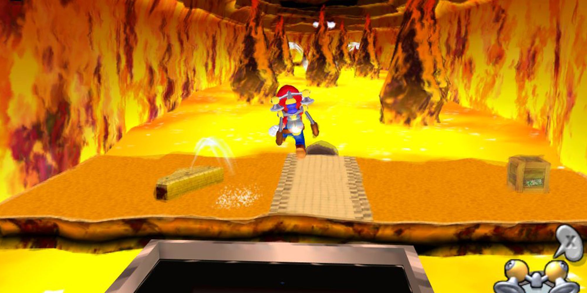 Mario traversing the lava-filled Corono Mountain