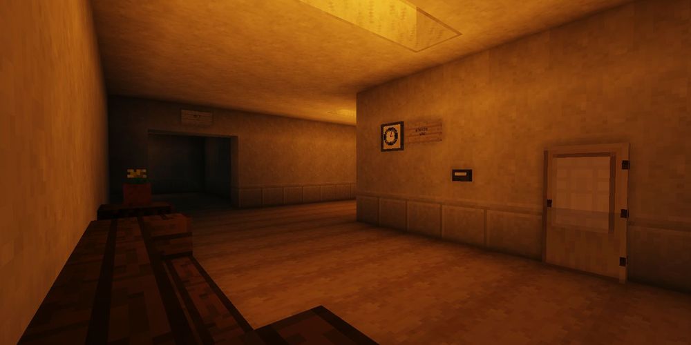 Minecraft horror map Wait interior office with benches and door