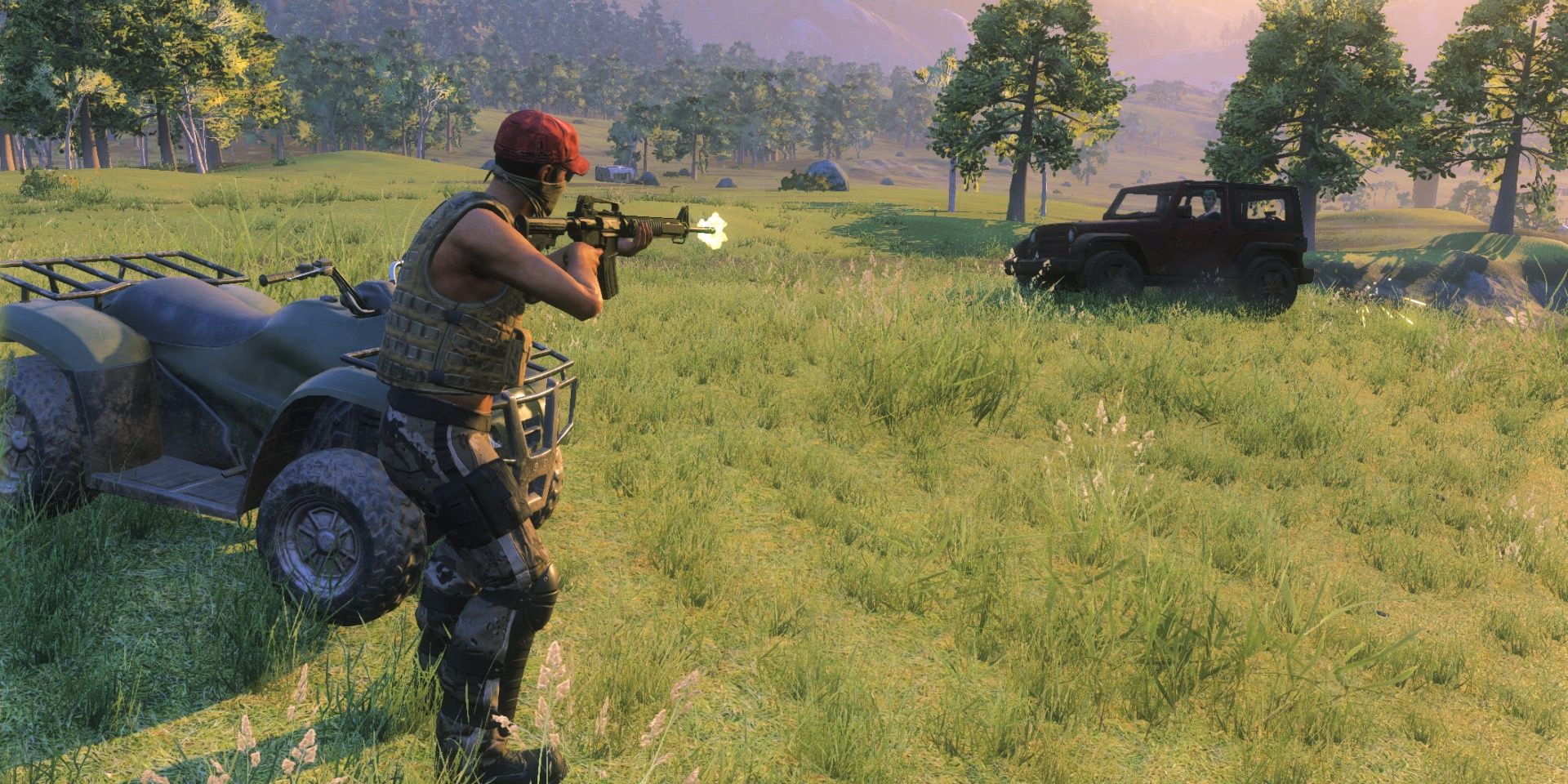 A person shooting at a car in a grassy field in Z1 Battle Royale