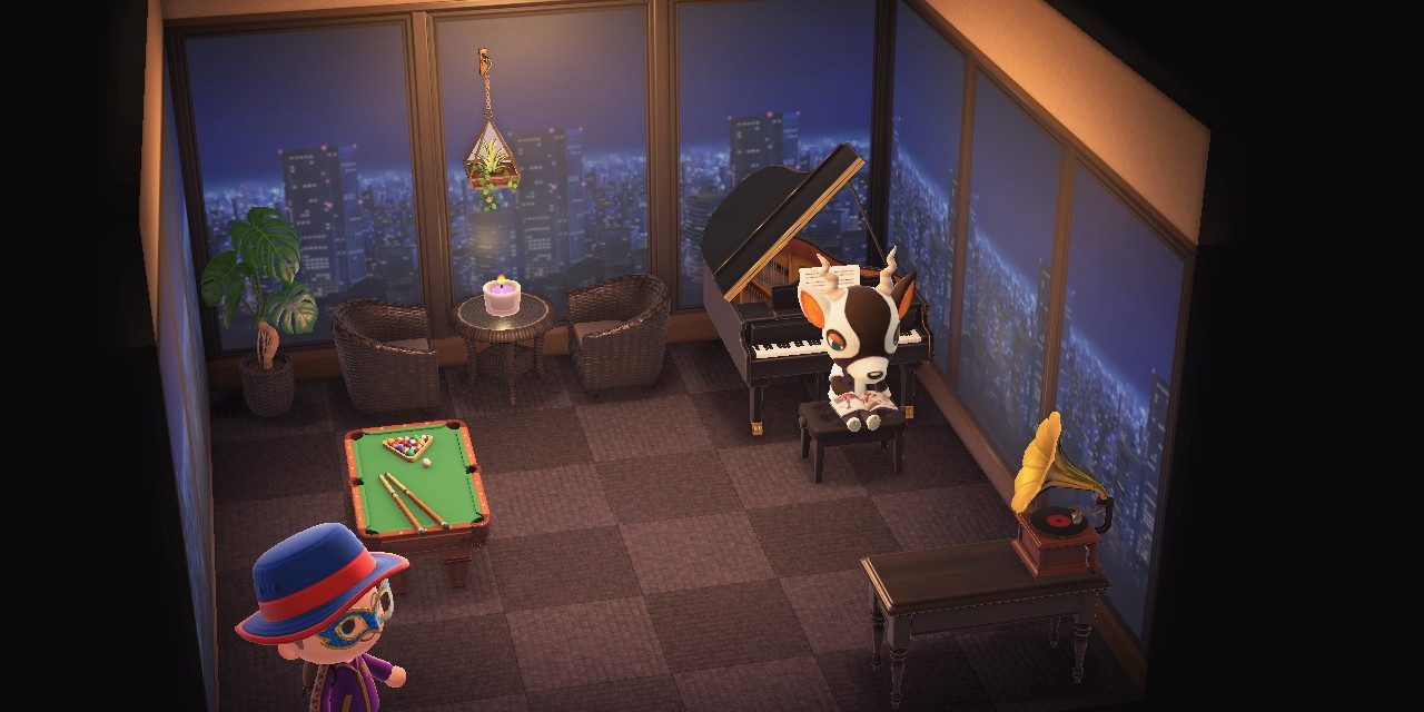 Zell sits by his piano while a villager stands in the corner