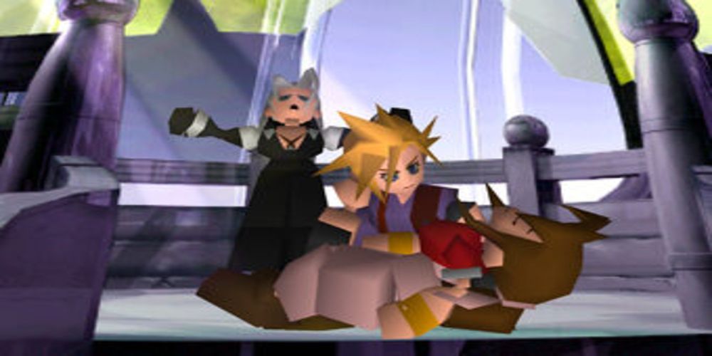Cloud holds the lifeless body of Aerith, while Sephiroth stands exultant behind them.
