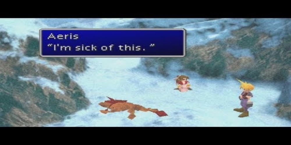 Cloud, Red XIII and Aerith in the snow. Aerith is stating "I'm sick of this." despite having died earlier in the game.