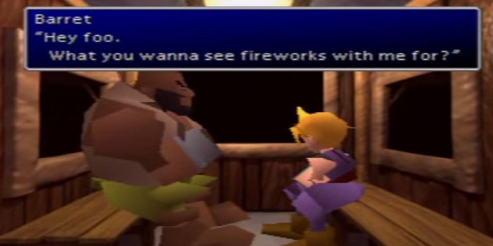 Cloud and Barret on an awkward date in Final Fantasy 7, sitting in a gondola. Barret asks "Hey foo. What you wanna see fireworks with me for?"