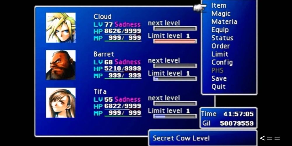 The menu screen of Final Fantasy 7, displaying the location as "Secret Cow Level".