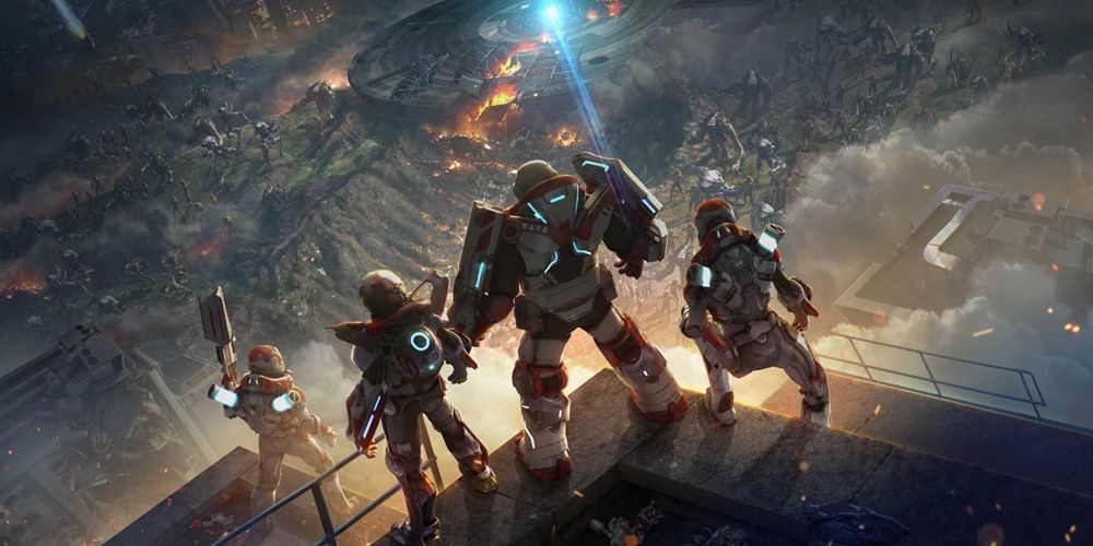 Alienation Official Art of characters standing on the corner of a rooftop