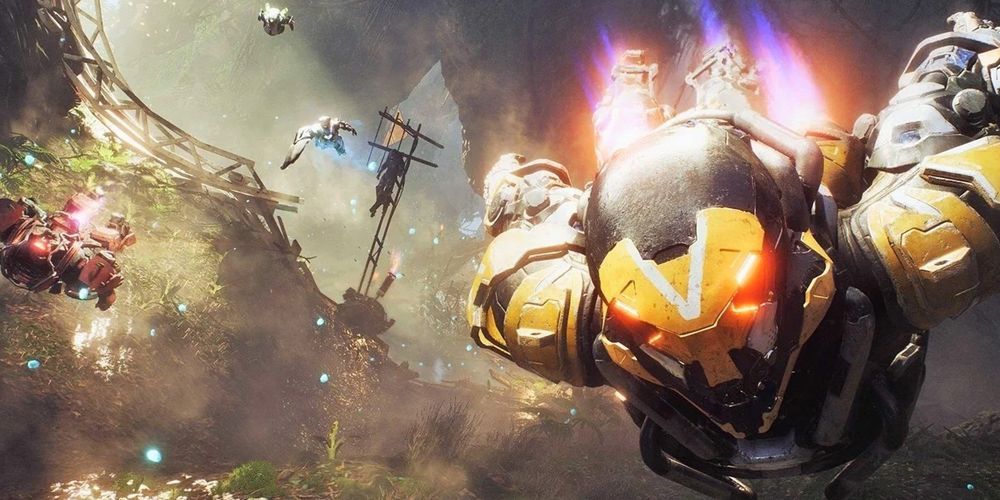 Anthem suited characters flying down to a battle
