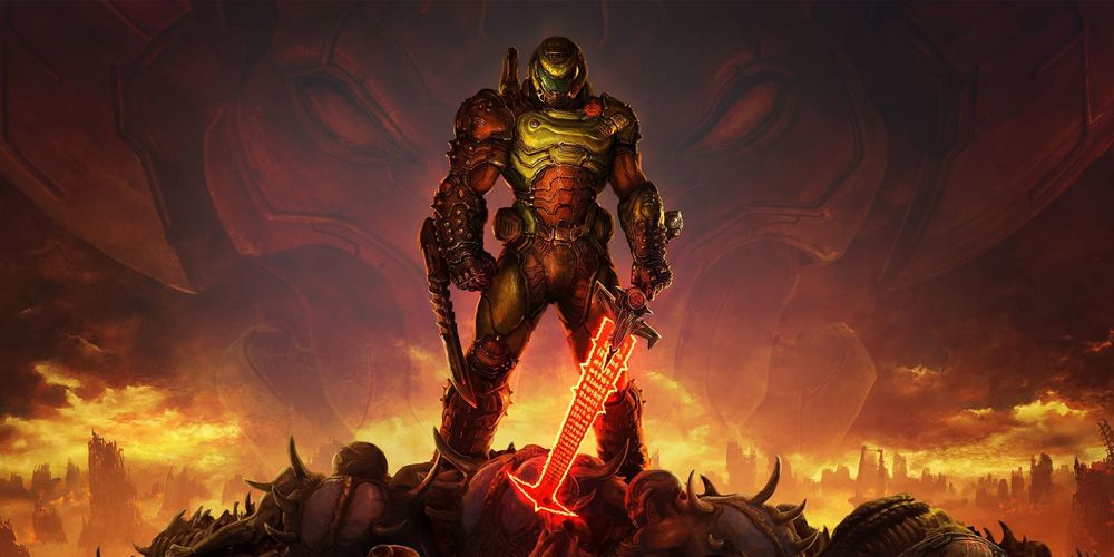 Doom slayer standing on a mountain of demon corpses wielding a sword