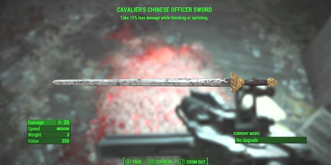 A screenshot showing the stats of the Cavalier's Chinese Officer Sword weapon.