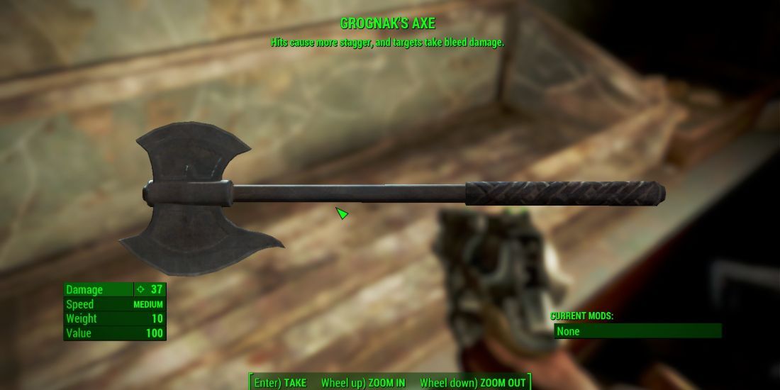 A screenshot showing the stats of the Grognak's Axe weapon.
