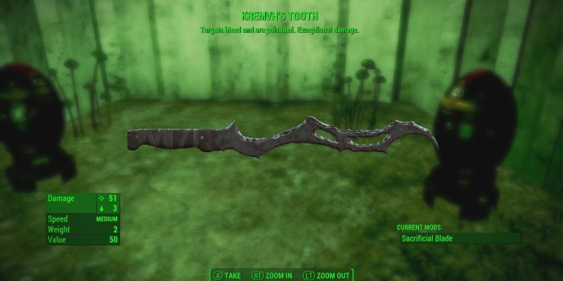 A screenshot showing the stats of the Kremvh's Tooth weapon.