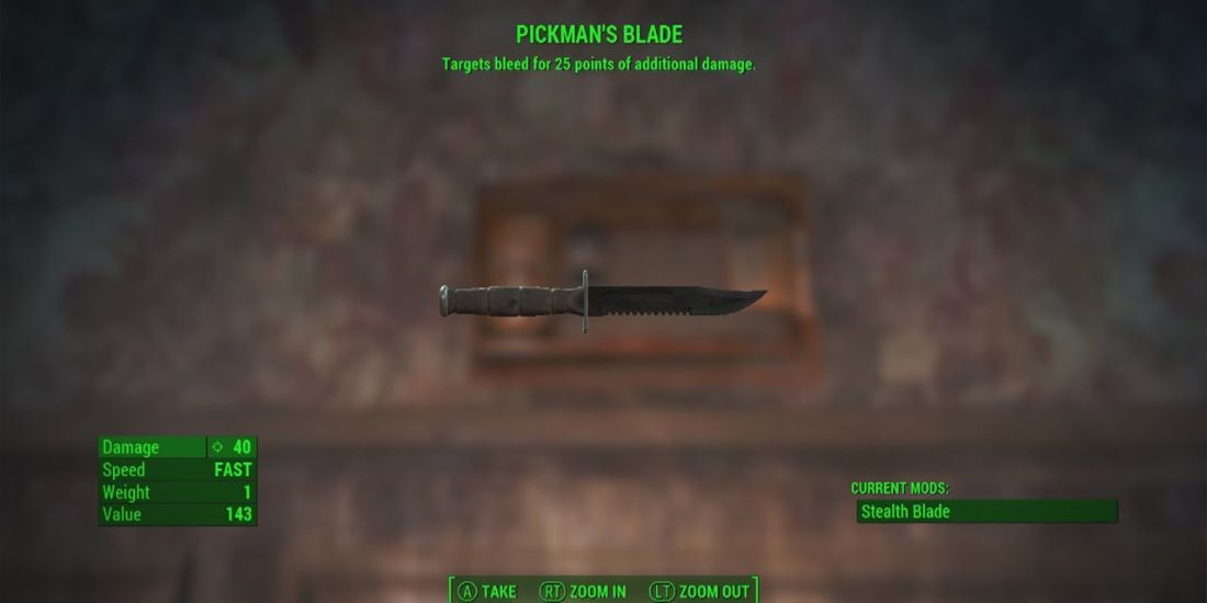 A screenshot showing the stats of the Pickman's Blade weapon.