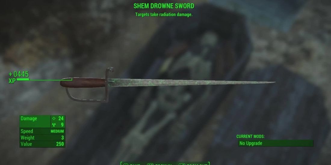 A screenshot showing the stats of the Shem Drowne Sword weapon.