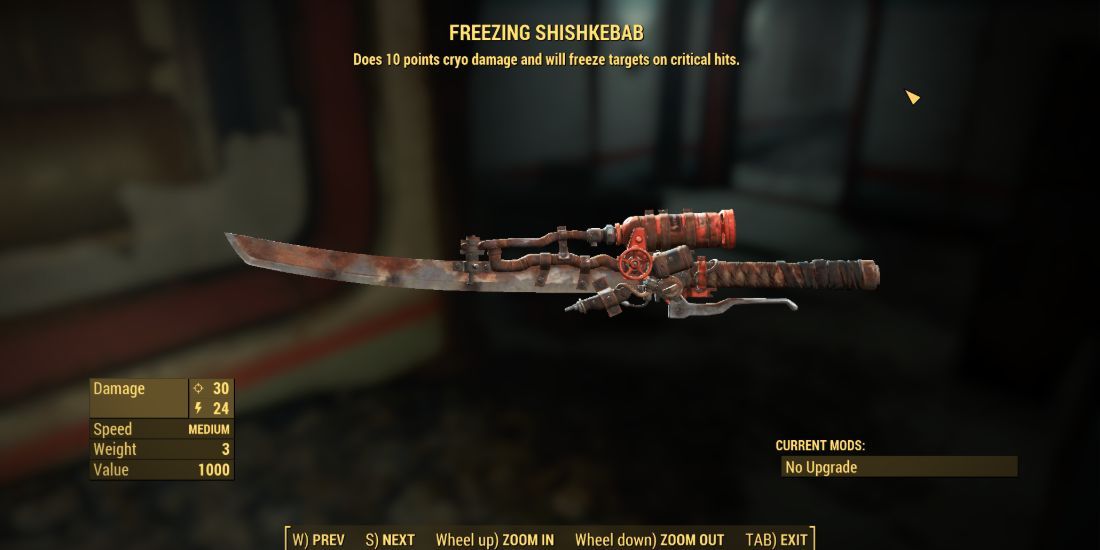 A screenshot showing the stats of the Freezing Shishkebab weapon.