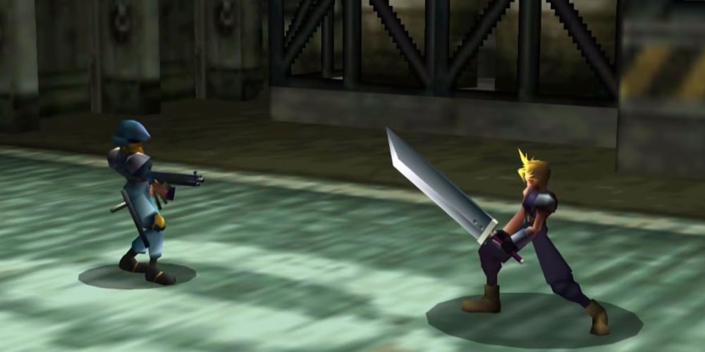 Cloud in a battle against a Shinra soldier at a Mako Reactor during the beginning of Final Fantasy 7.