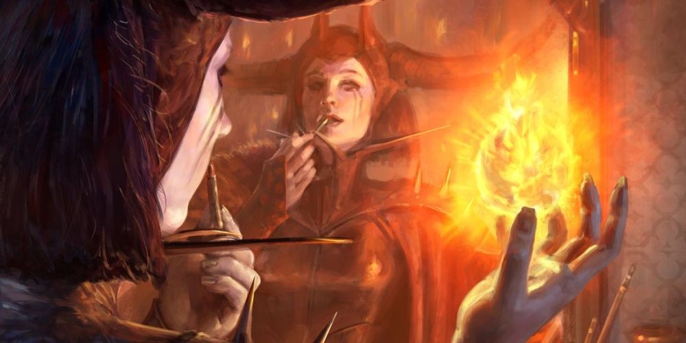 sorcerer using fire magic by mirror