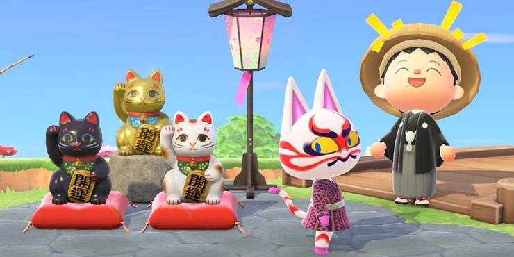 Kabuki and the player with Lucky Cats in Animal Crossing New Horizons