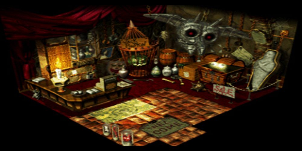 A store of haunted goods in Final Fantasy 7. Items on display include a mummy in their sarcophagus, a haunted portrait and a caged jack-o-lantern.