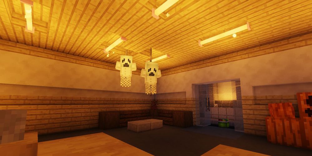 Minecraft Night Shift on Halloween ghosts hanging from lit ceiling