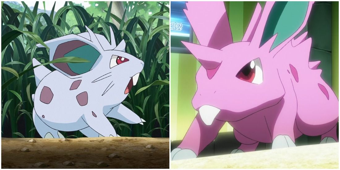 Split image screenshots of Nidoran Female and Nidoran Male in Pokemon.