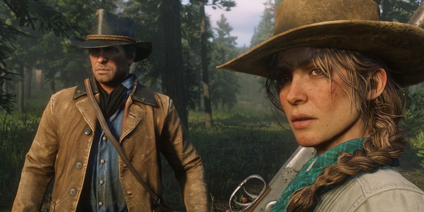 Arthur and Sadie looking ahead with serious expressions, Sadie leaning a rifle on her shoulder.