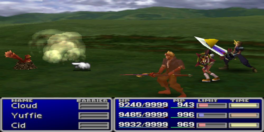 Cloud, Yuffie and Cid in a battle in Final Fantasy 7, facing off against tunneling squirrel monsters on open plains.