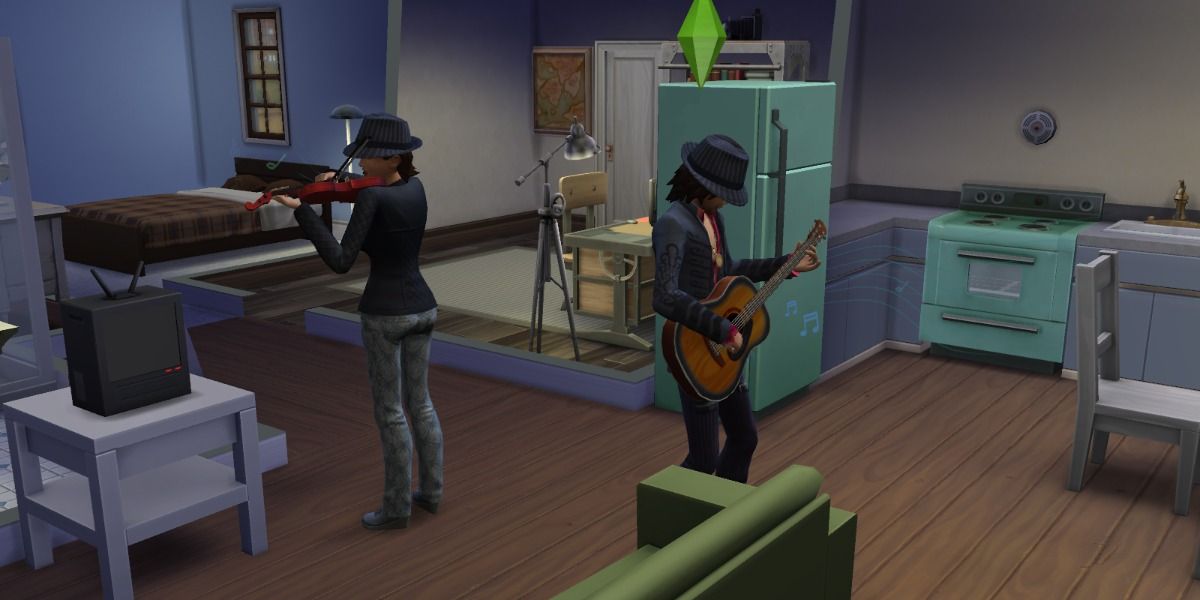 Two Sims practice violin and guitar music skills