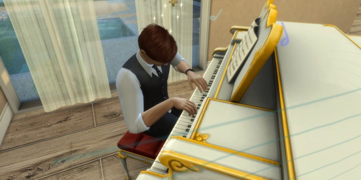 Sims 4: Male Sim practicing at piano closeup