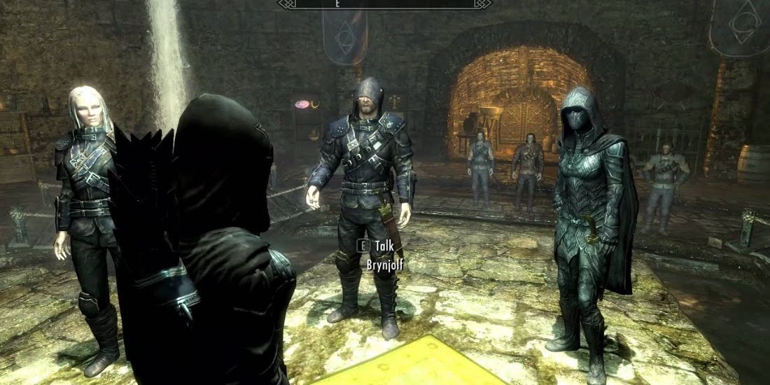 brynjolf, vex, and kharliah stand in the cistern in the ragged flagon, skyrim