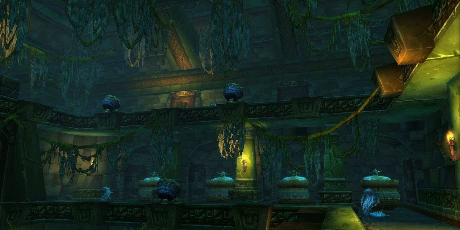 The interior of the Sunken Temple or Temple of Atal'hakkar in WoW Classic, with snakes and hanging vines.