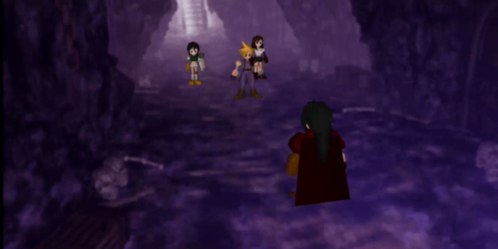 Cloud, Yuffie and Tifa stand at one end of a tunnel beneath Shinra Mansion, Vincent Valentine stands at the other.